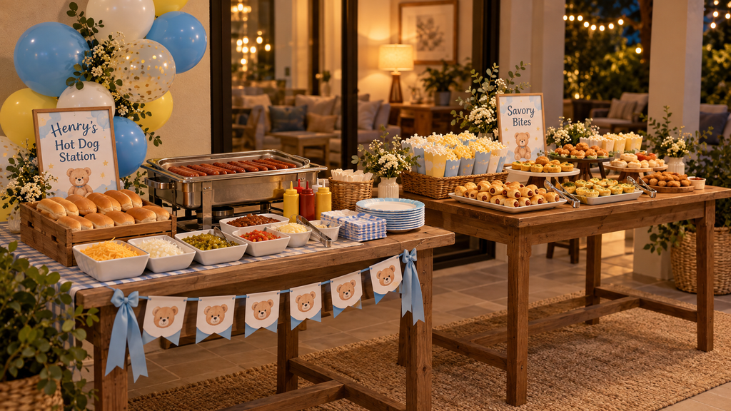 Self-serve hot dog bar and savory appetizer station at a first birthday party